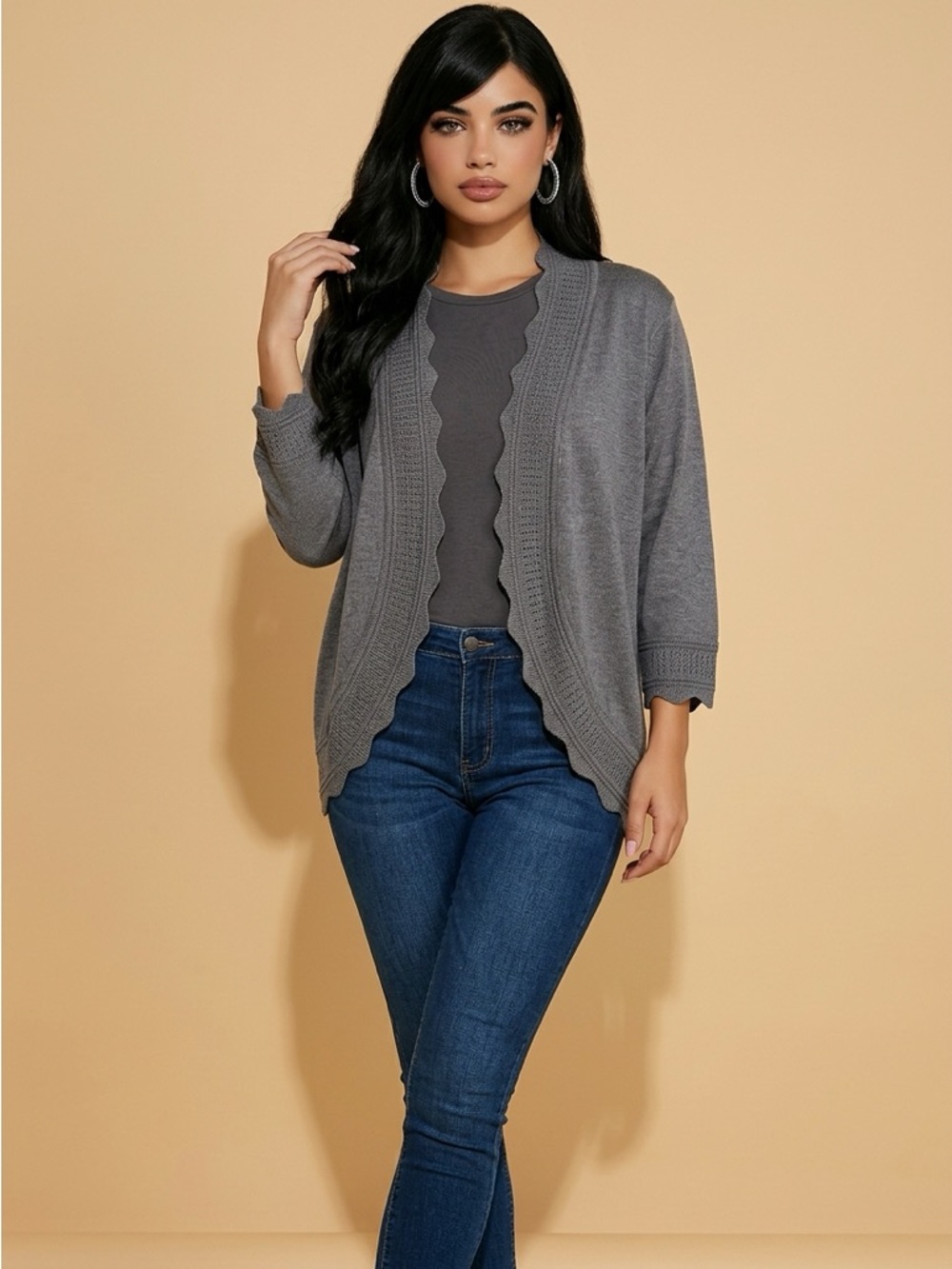 Open-Front Scallop-Trim Cardigan in Charcoal